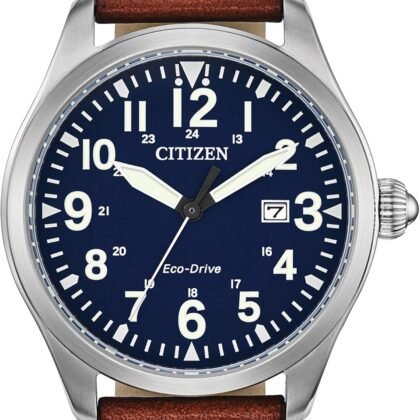 Citizen Men's Sport Casual Garrison 3-Hand Date Eco-Drive Leather Strap Watch, Arabic Markers, Stainless Steel, Field Watch