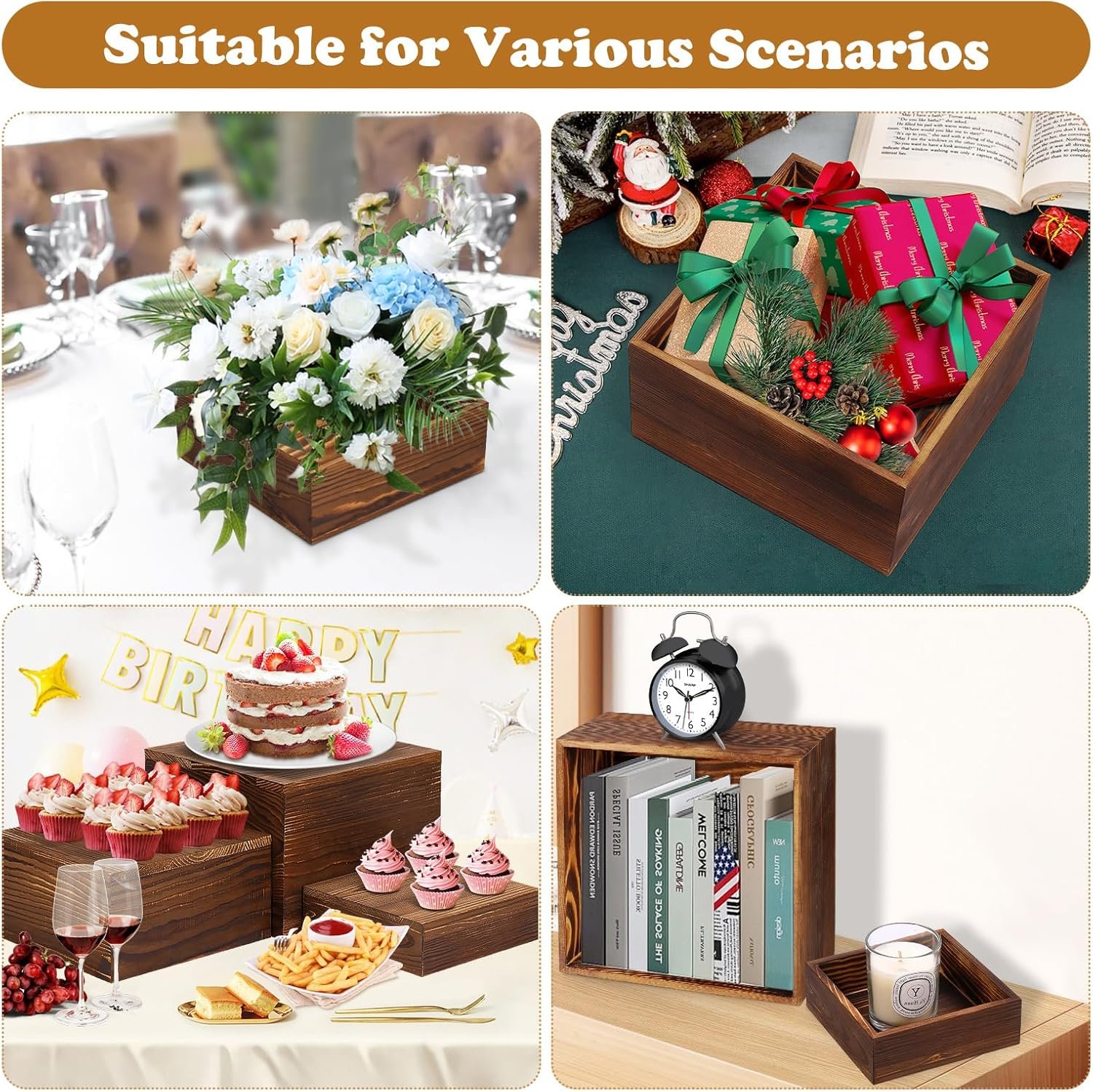 6 Pack Wooden Risers Display Stands Rustic Wood Cake & Cupcake Stands for Party Square Food Risers for Buffet Wooden Crates for Display Home Decor - Image 7