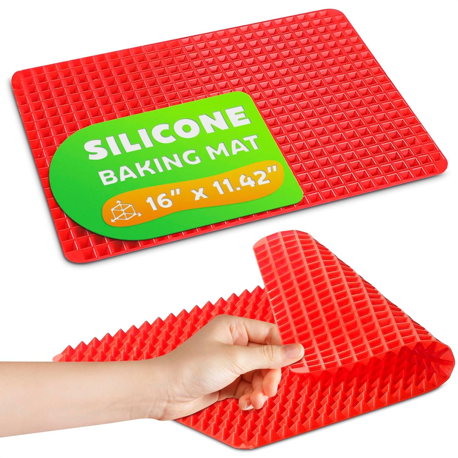Non Stick Baking Cooking Mat - 16x11.5" Silicone Baking Mat, Fat Filtering Red Pyramid Design, for Roasting, BBQ & Pastry Making - Oven and Microwave Bacon Cooker Food Grade, Flexible & Easy-to-Clean