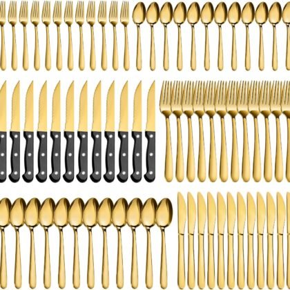 Pleafind 72Pcs Gold Silverware Set for 12 - Dishwasher Safe, Flatware Set with Steak Knives, Stainless Steel Cutlery Set, Include Forks Spoons and Knives Set, Utensil Sets for Home Restaurant