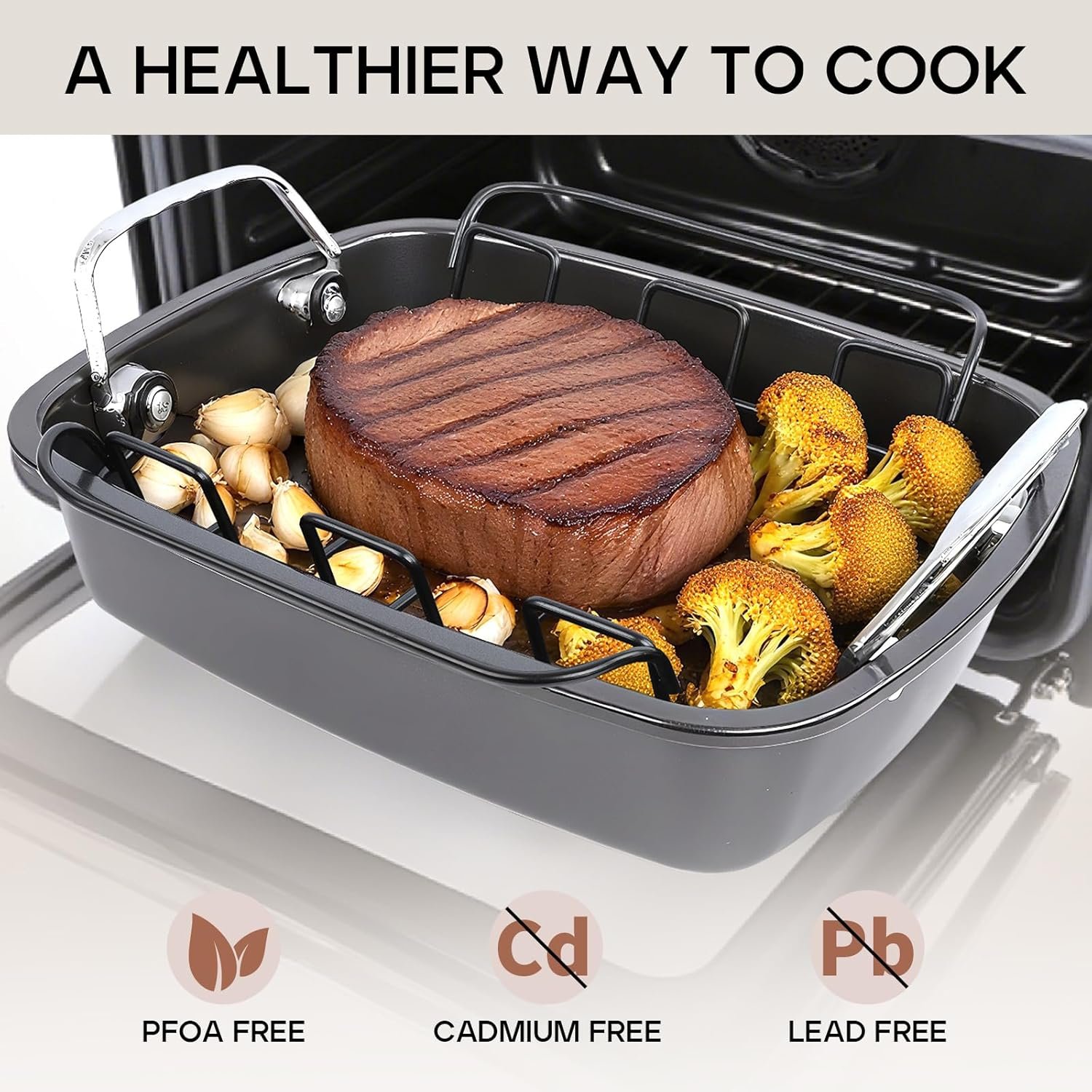 Nonstick Turkey Roasting Pan with Rack - 17×13.6 Inch Large Turkey Roaster Pan For Oven - Double-Ply Clad NonStick Roasting Pan For Roasting Chicken, Meats and Vegetables(Dark Gray) - Image 5