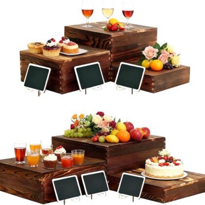 6Pcs Buffet Risers with Mini Signs, Rustic Wood Cupcake Stand, Food Risers for Buffet Table, Dessert Display Stand for Home Decor, Party, Wedding, Birthday, Baby Shower