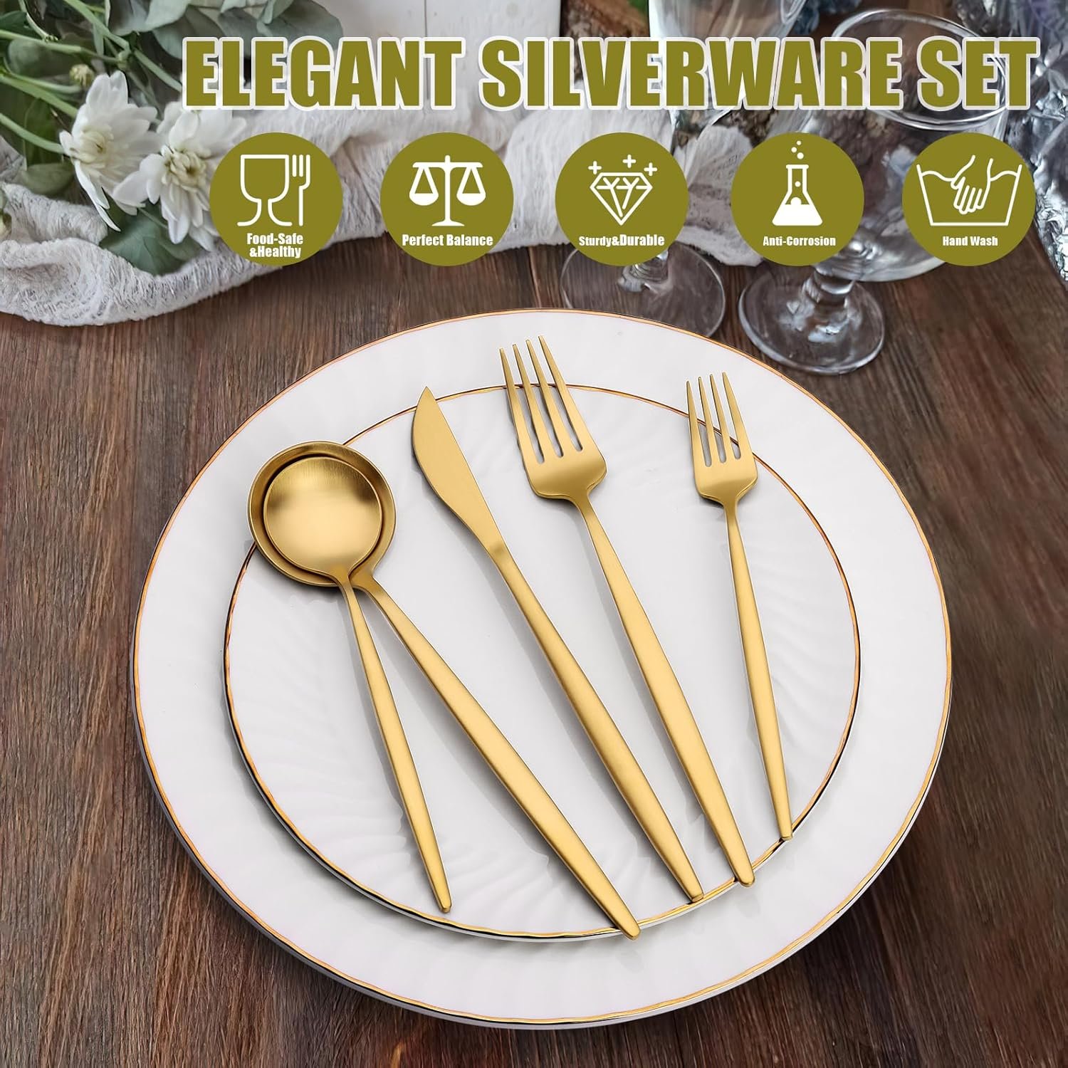 40 Piece Gold Silverware Set for 8, Terlulu Stainless Steel Flatware Set, Gold Cutlery Set Utensils Set, Tableware Include Forks Knives Spoons for Home Kitchen Restaurant Wedding, Satin Finish - Image 5
