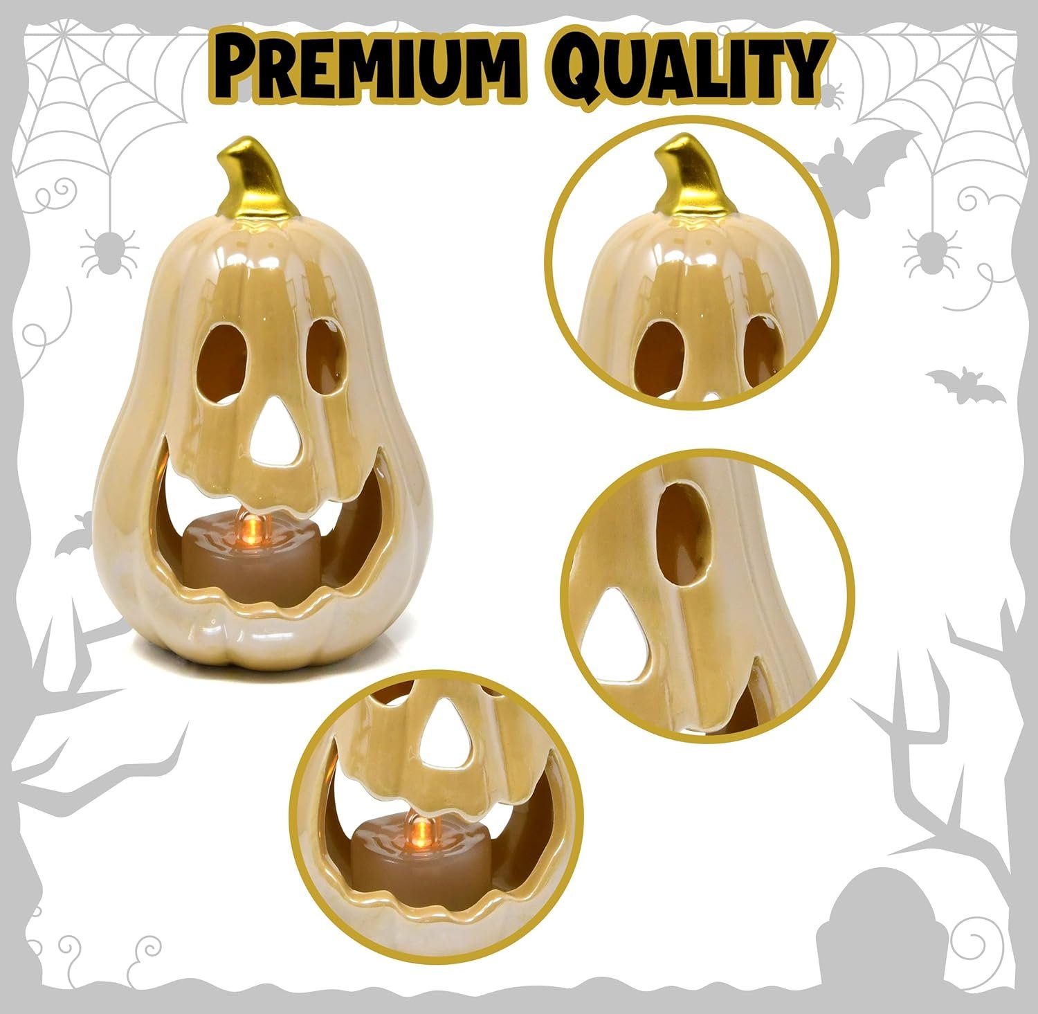 Halloween Ceramic Pumpkin Tea Light Holder Set of 3 Jack O Lanterns Pumpkins Spooky Sculptures Tabletop Decor for Home Holiday Party Decorations - Image 3