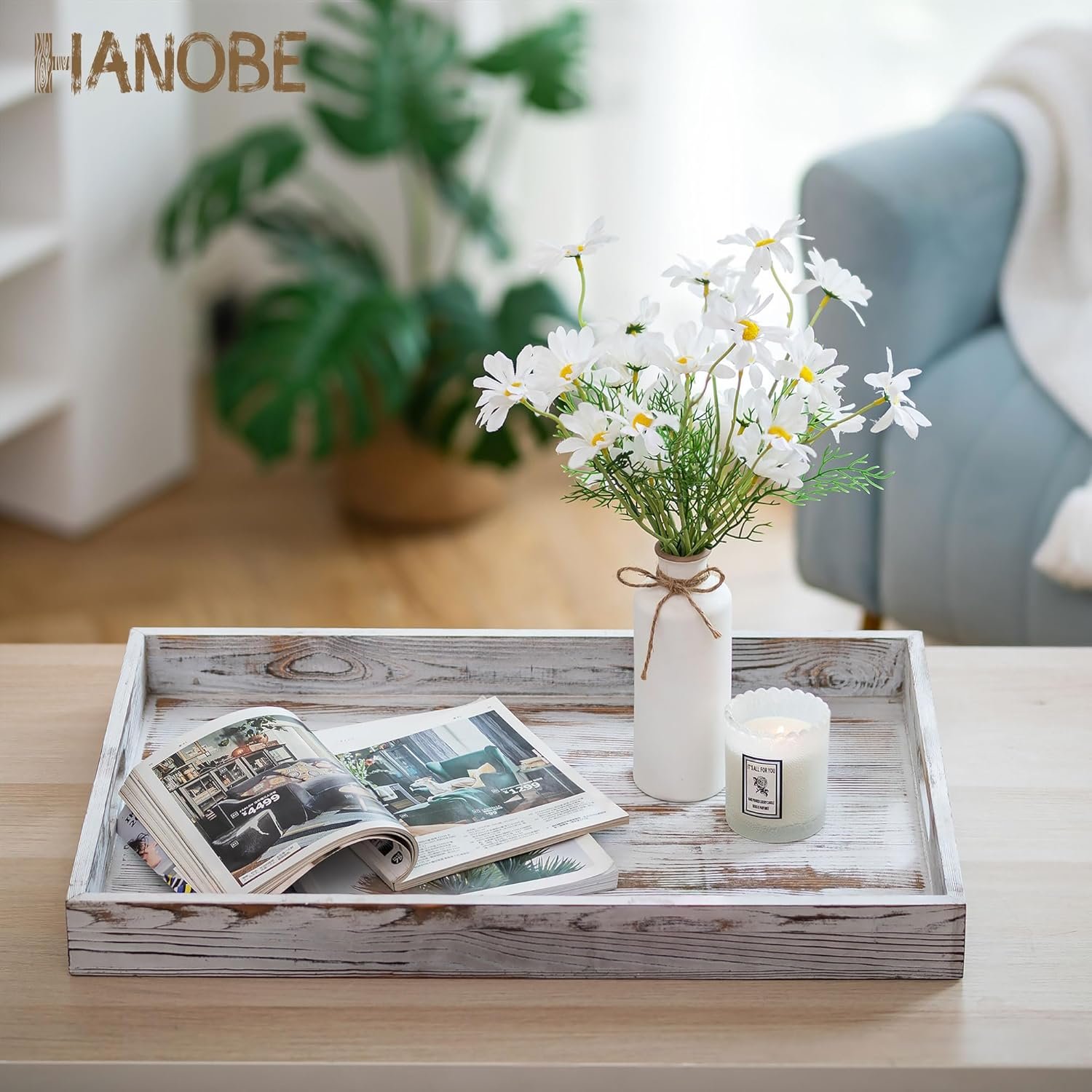 Hanobe Large Serving Ottoman Tray: 22'’ Extra Wood Serving Tray with Handles Rustic White Decorative Coffee Table Trays Farmhouse Home Decor for Living Room Kitchen Counter - Image 2