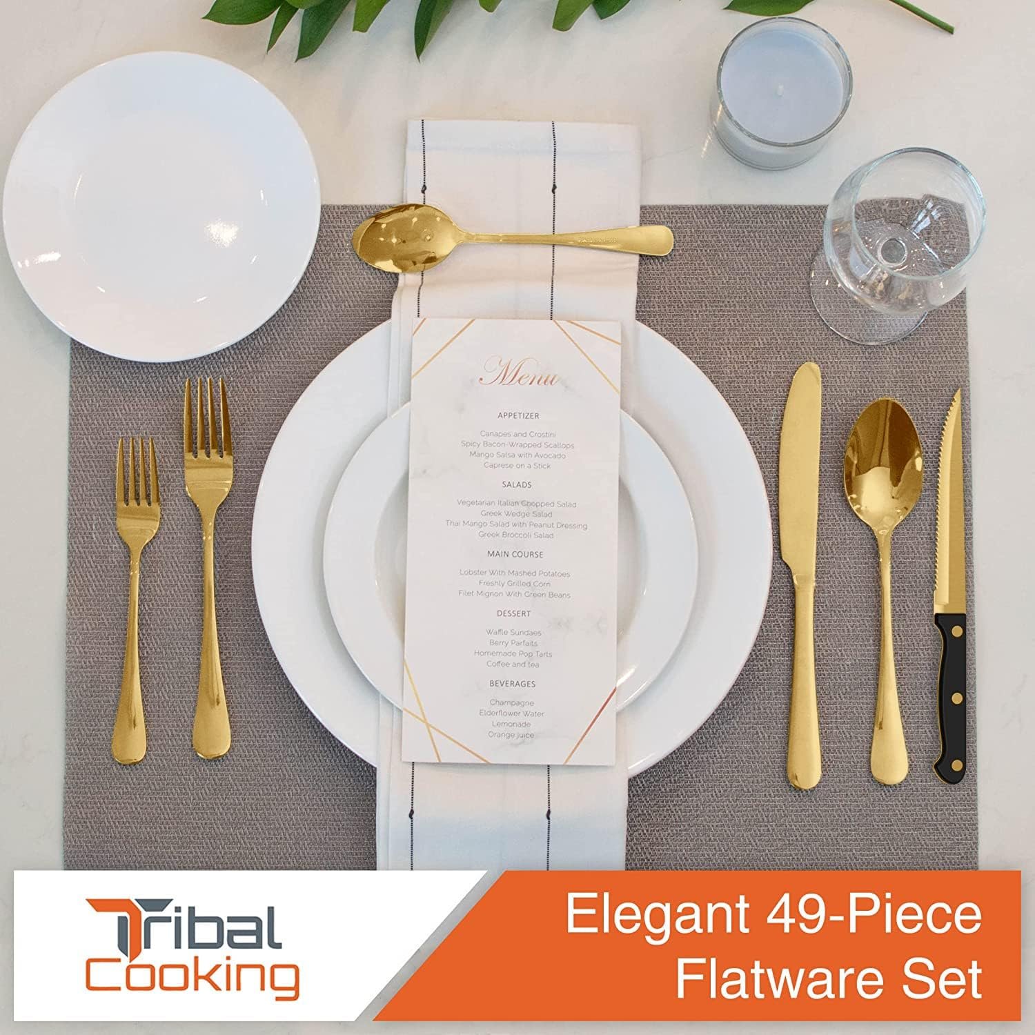 Tribal Cooking 49 Piece Gold Silverware Set - Service for 8 - Stainless Steel Gold Flatware serving set - Cutlery Set - Knives, Fork, and Spoon - Dishwasher Safe - Stunning Polished Finish - Image 6