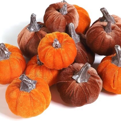 12pcs Fall Pumpkins Decor Set,Artificial Mini Pumpkins for Decorating, Velvet Mixed Color Fall Pumpkin Decorations for Thanksgiving Harvest Table Centerpieces Home Decor(Orange& Brown)