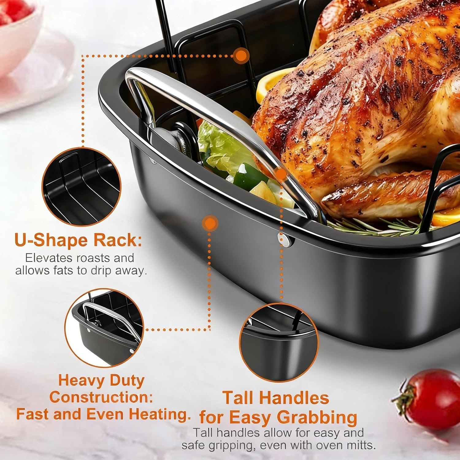 Large Nonstick Roasting Pan Kit with Rack (17x13 Inch) - Includes Baster, Pastry Brush & Twine for Turkey, Chicken, Ham - Even Heating, Easy Clean, Dark Grey (Large-17.2'' x 13.5'') - Image 6