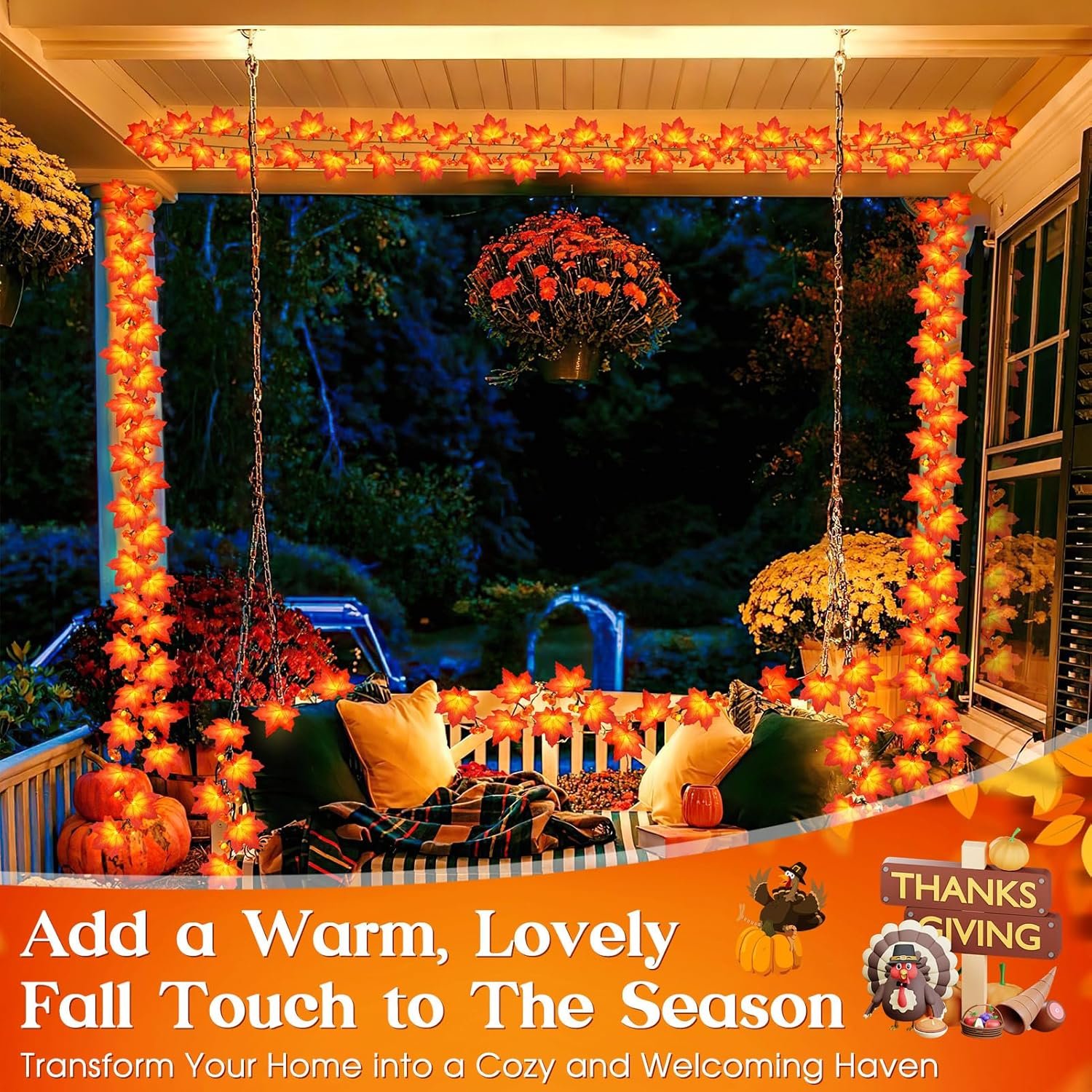 Fall Solar Lights Outdoor Decorative, 39FT Solar Fall Leaves Garland String Lights with 100 LEDs and 8 Modes for Porch, Yard, Front Door, Patio, Outside,Thanksgiving Harvest Autumn Decorations - Image 2