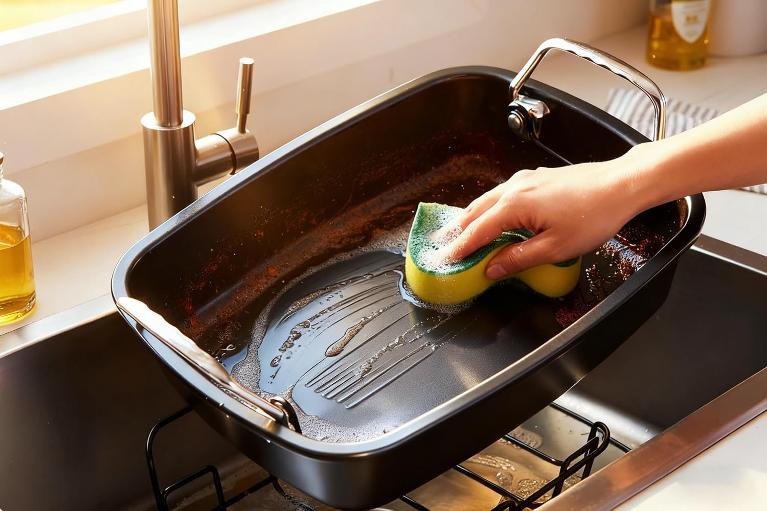 Large Nonstick Roasting Pan Kit with Rack (17x13 Inch) - Includes Baster, Pastry Brush & Twine for Turkey, Chicken, Ham - Even Heating, Easy Clean, Dark Grey (Large-17.2'' x 13.5'') - Image 2