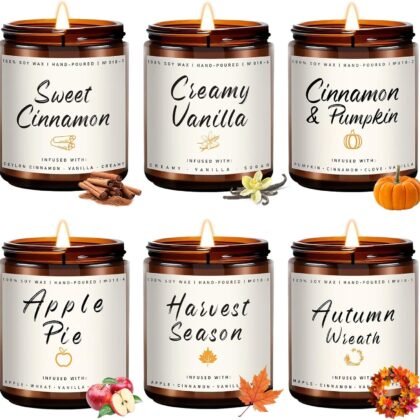Auelife Fall Candles, 6 Pack Scented Candle Set, 42 oz Autumn Soy Candles for Home Scented, Fall Candle Gifts Set for Men and Women, Autumn Home Decor of Wreath/Apple/Latte/Harvest/Vanilla/Cinnamon