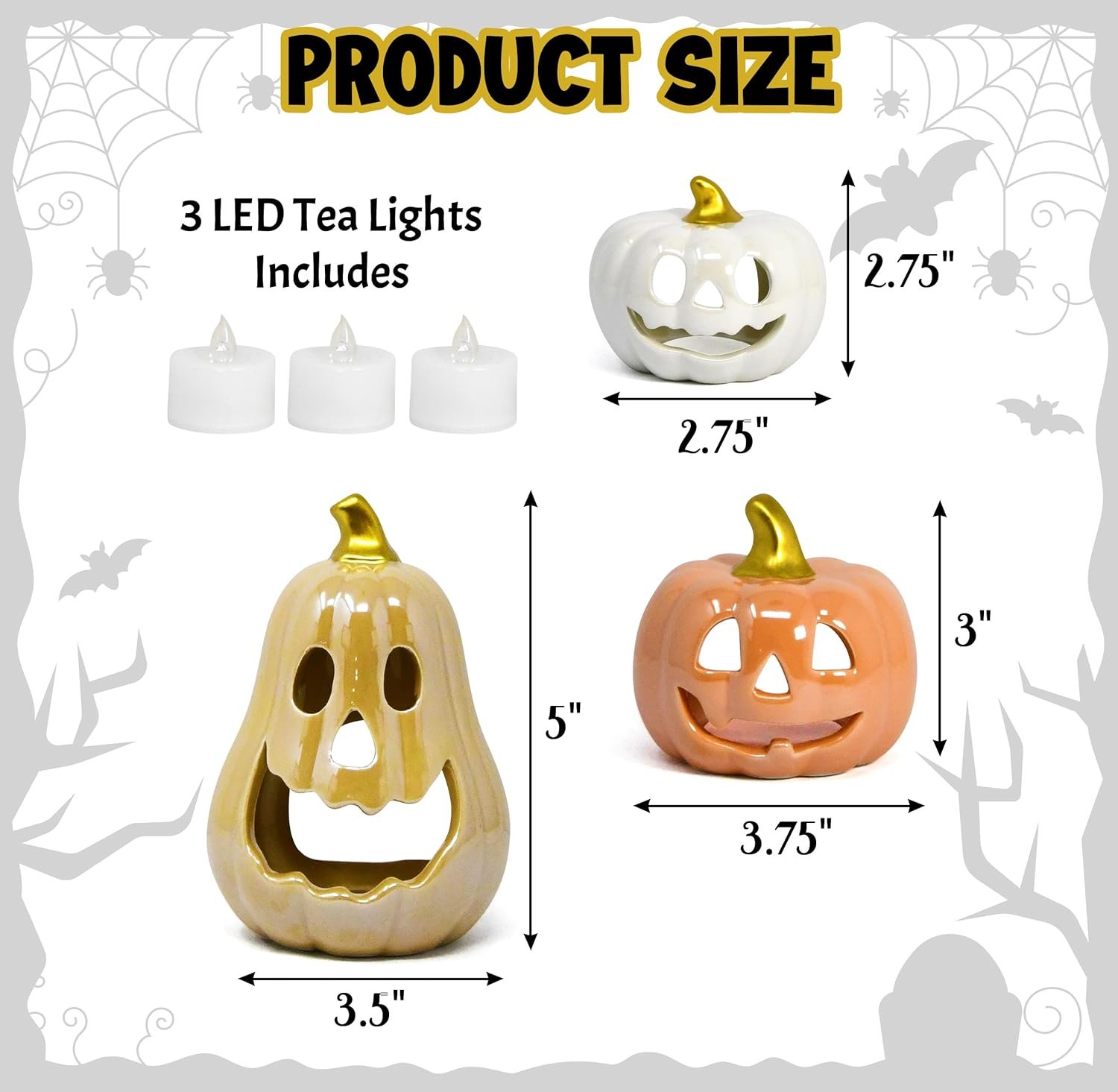 Halloween Ceramic Pumpkin Tea Light Holder Set of 3 Jack O Lanterns Pumpkins Spooky Sculptures Tabletop Decor for Home Holiday Party Decorations - Image 2