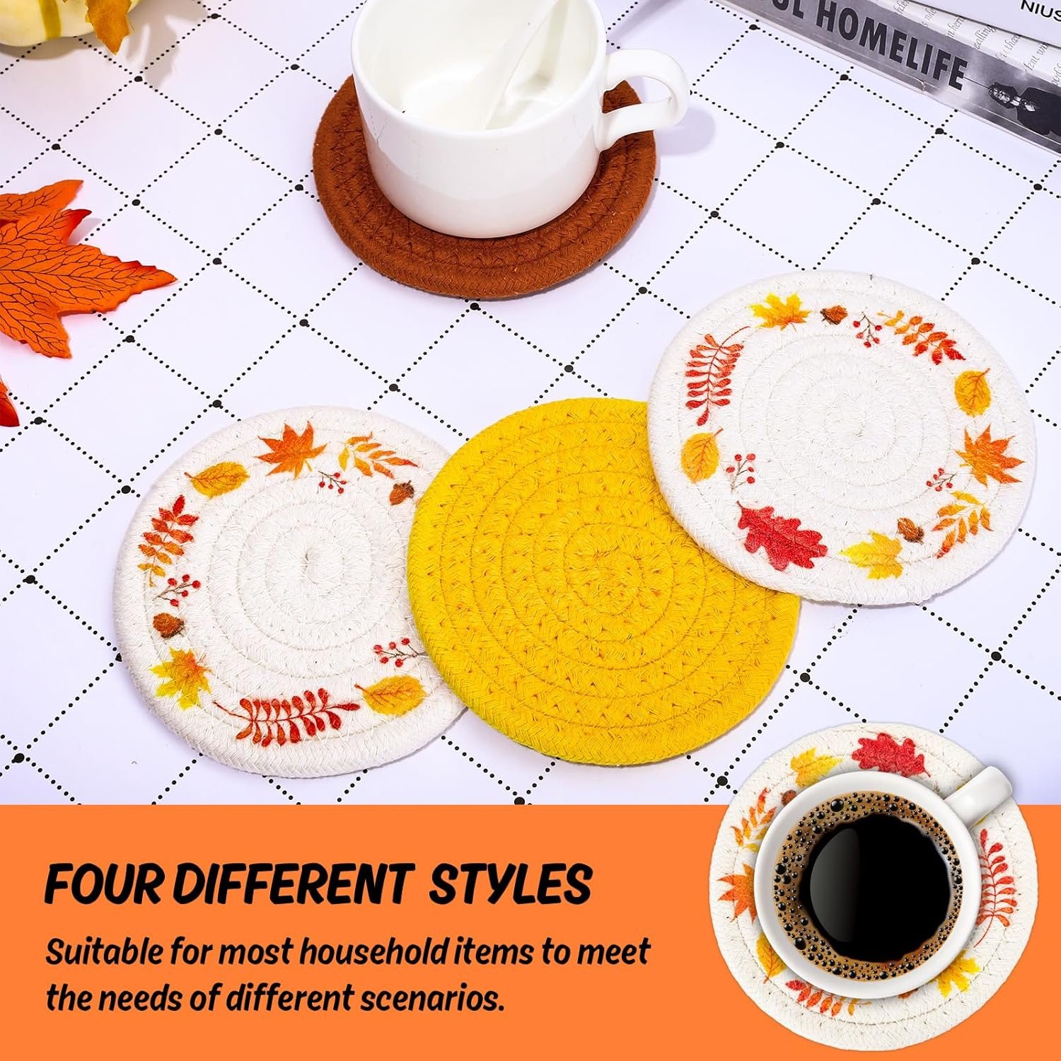 Whaline Fall Thanksgiving Coasters Maple Leaves Handmade Braided Cotton Drink Coasters Orange Yellow Non-Slip Absorbent Cup Mats for Autumn Table Protection Birthday Housewarming Gift Home Decor, 4Pcs - Image 3