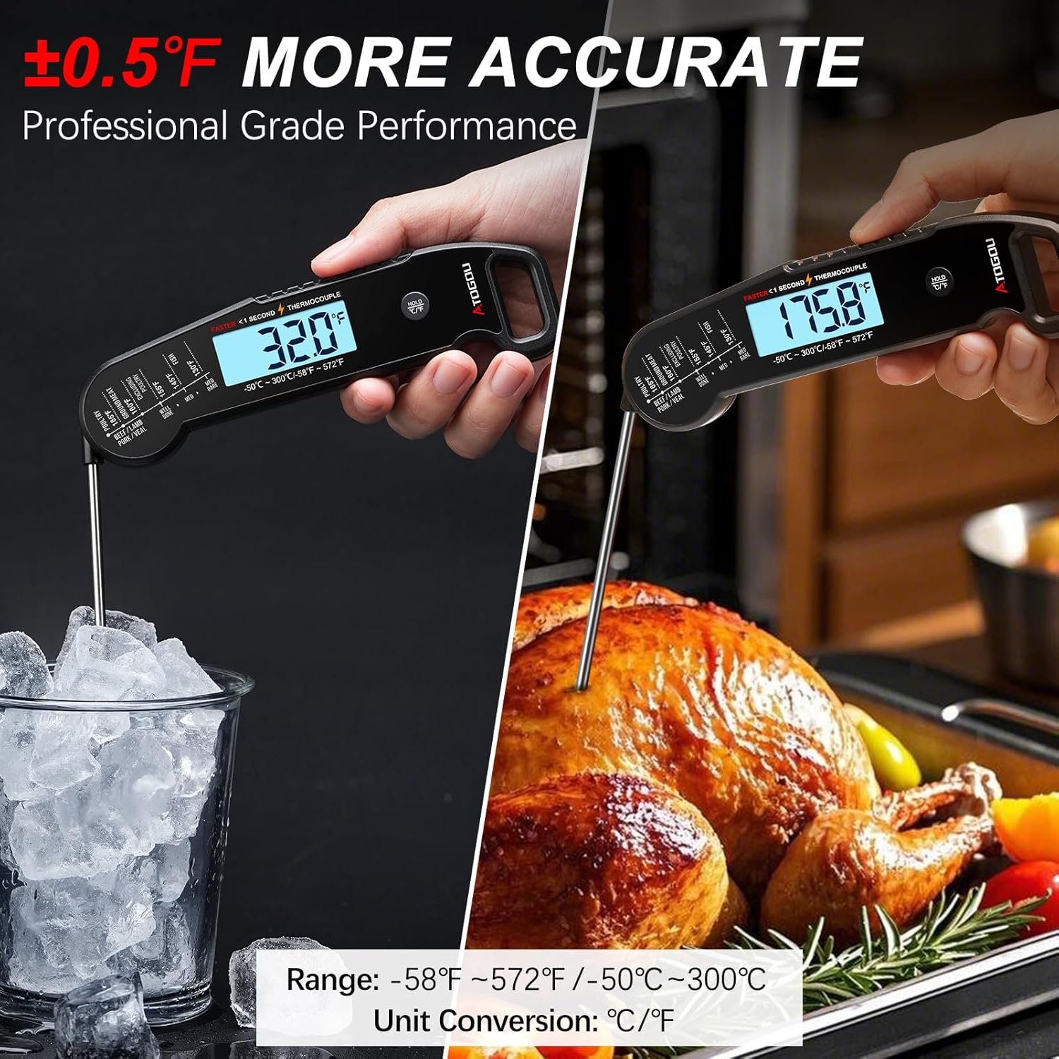 Professional Food & Meat Thermometer, 1 Sec Instant Read & ±0.5℉ Accuracy Driven by Thermocouple Sensor. IP67 Waterproof Digital Thermometer for Cooking, BBQ, Grill Gifts for Men Him Dad Birthday - Image 4
