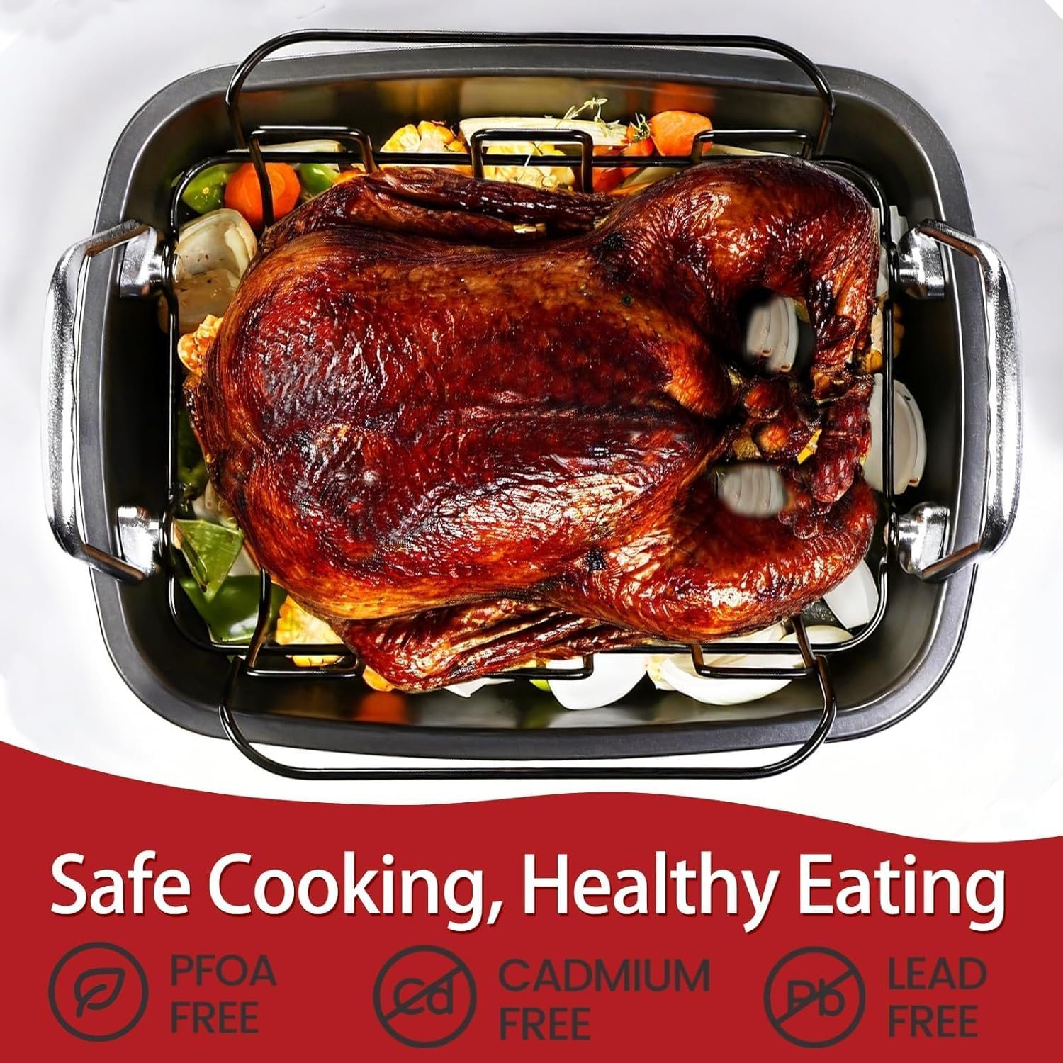 Large Nonstick Roasting Pan Kit with Rack (17x13 Inch) - Includes Baster, Pastry Brush & Twine for Turkey, Chicken, Ham - Even Heating, Easy Clean, Dark Grey (Large-17.2'' x 13.5'') - Image 3