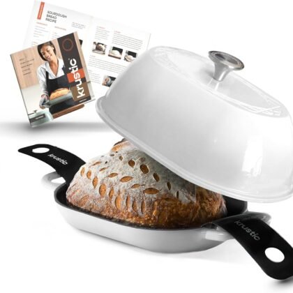 Enameled Cast Iron Dutch Oven for Professional Sourdough Bread Baking | 5.5 Quart Loaf Size Oval Cookware Pot with Lid | Triple-Layer Enamel Coating Pan with Non Stick Silicone Mat | White