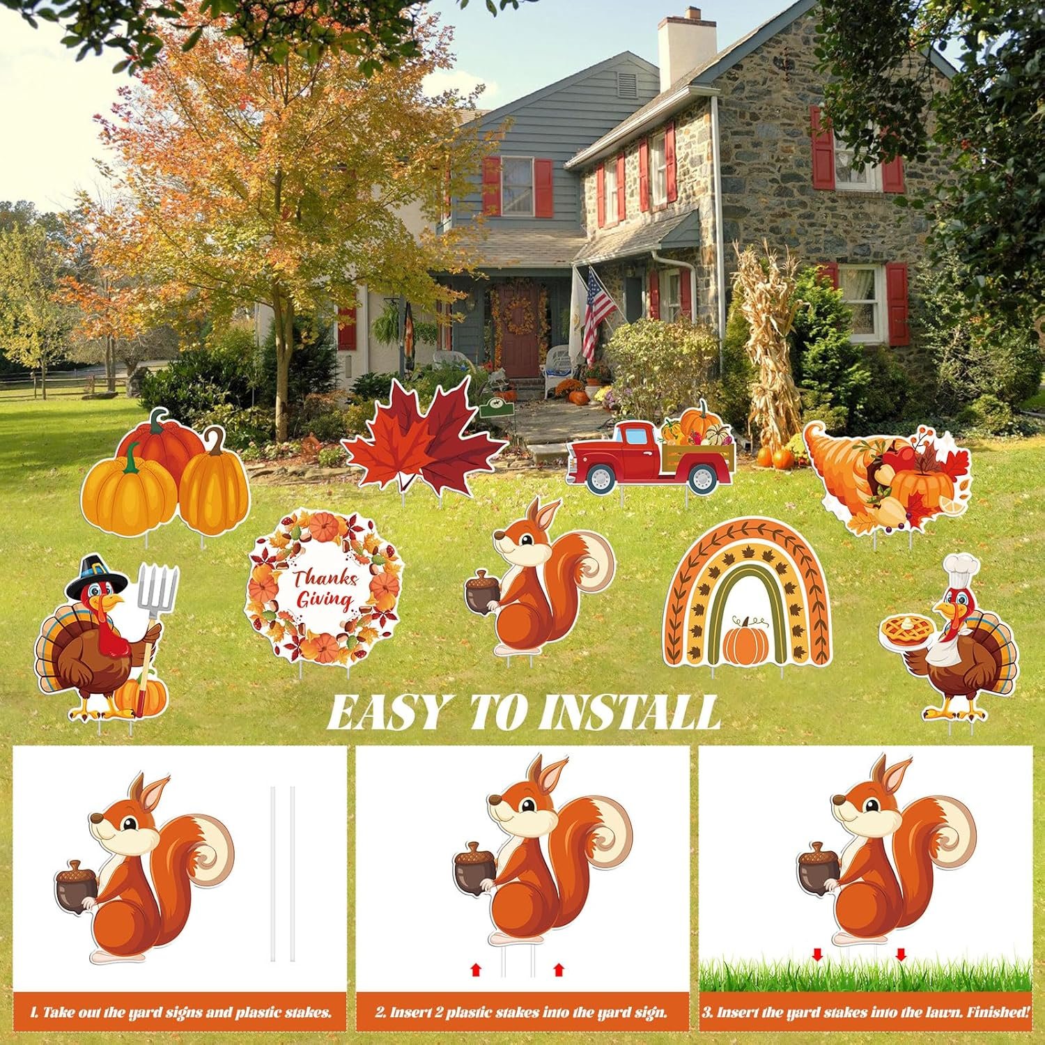 9 pcs Thanksgiving Yard Signs with Stakes, Maple Turkey Pumpkin Squirrel Lawn Signs Harvest Garden, Fall Autumn, Thanksgiving, Harvest Party Outdoor Decorations - Image 5