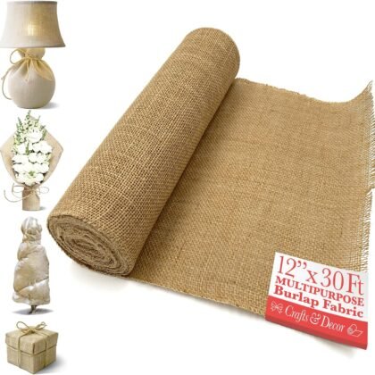 Burlap Fabric Roll – 12" x 30 Ft No-Fray Jute Table Runner for Weddings, Crafts, Rustic Decor, DIY Projects & Events – Natural Farmhouse Style