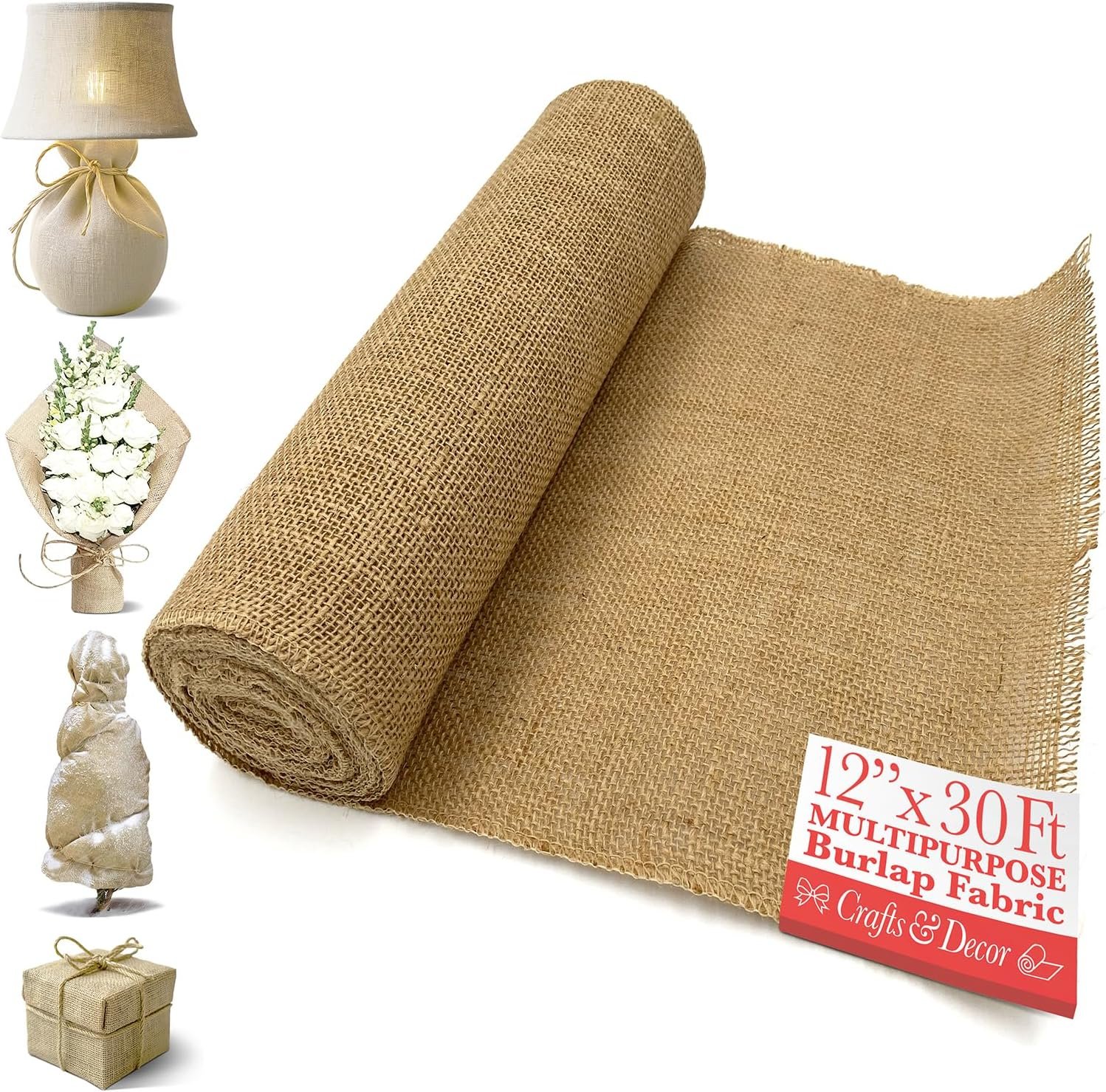Burlap Fabric Roll – 12" x 30 Ft No-Fray Jute Table Runner for Weddings, Crafts, Rustic Decor, DIY Projects & Events – Natural Farmhouse Style
