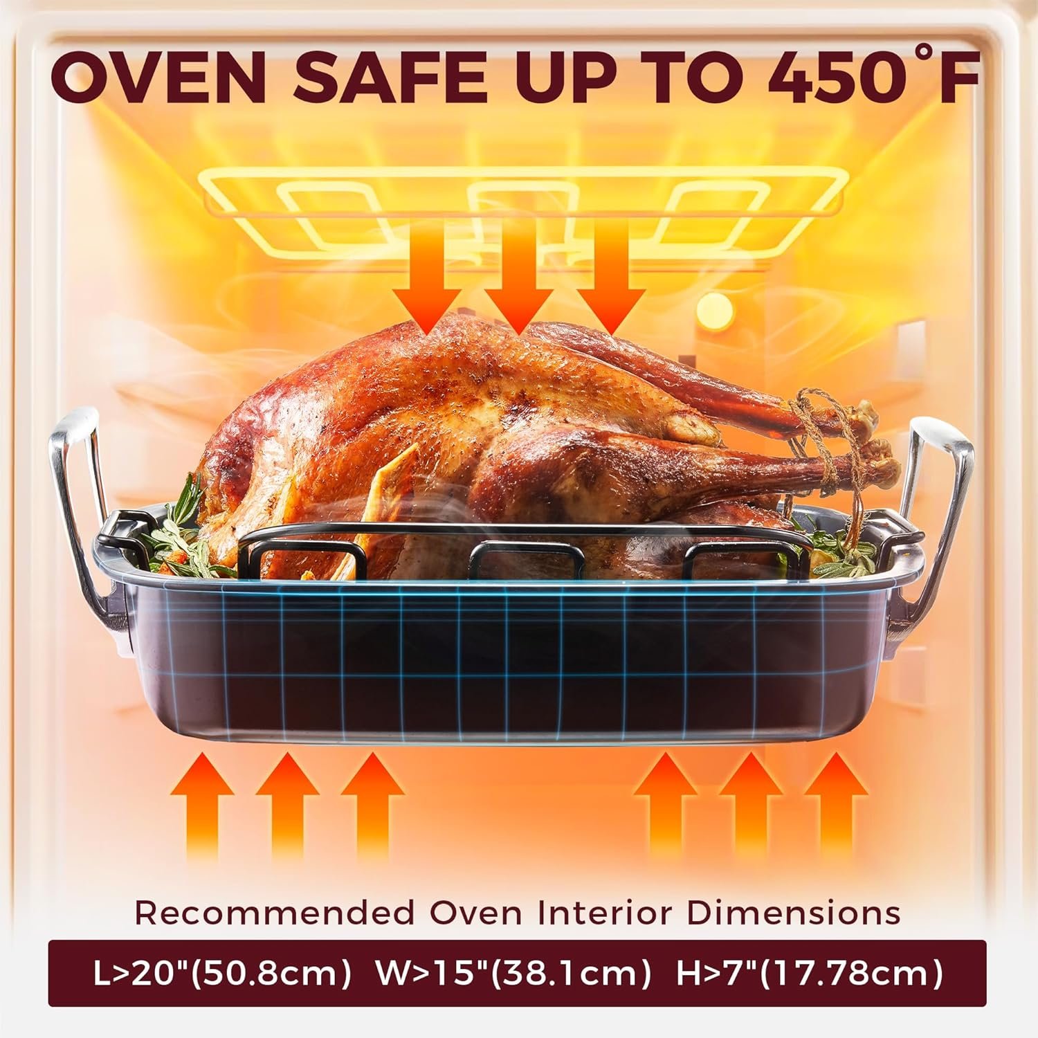 HONGBAKE Extra Large Turkey Roasting Pan with Rack (U-Shaped), 18.7×13.6 Inch Nonstick Roaster Pan for 25 lb Turkey & Chicken, Deep Turkey Tray for Oven, Wider Handles, 0.8 mm Heavy Duty Steel, Gray - Image 8