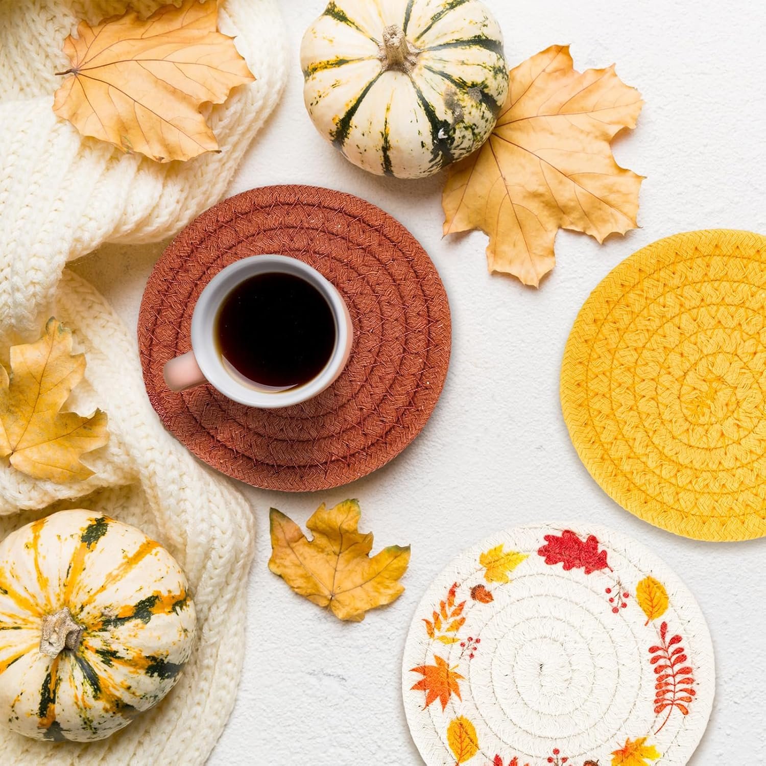 Whaline Fall Thanksgiving Coasters Maple Leaves Handmade Braided Cotton Drink Coasters Orange Yellow Non-Slip Absorbent Cup Mats for Autumn Table Protection Birthday Housewarming Gift Home Decor, 4Pcs - Image 5