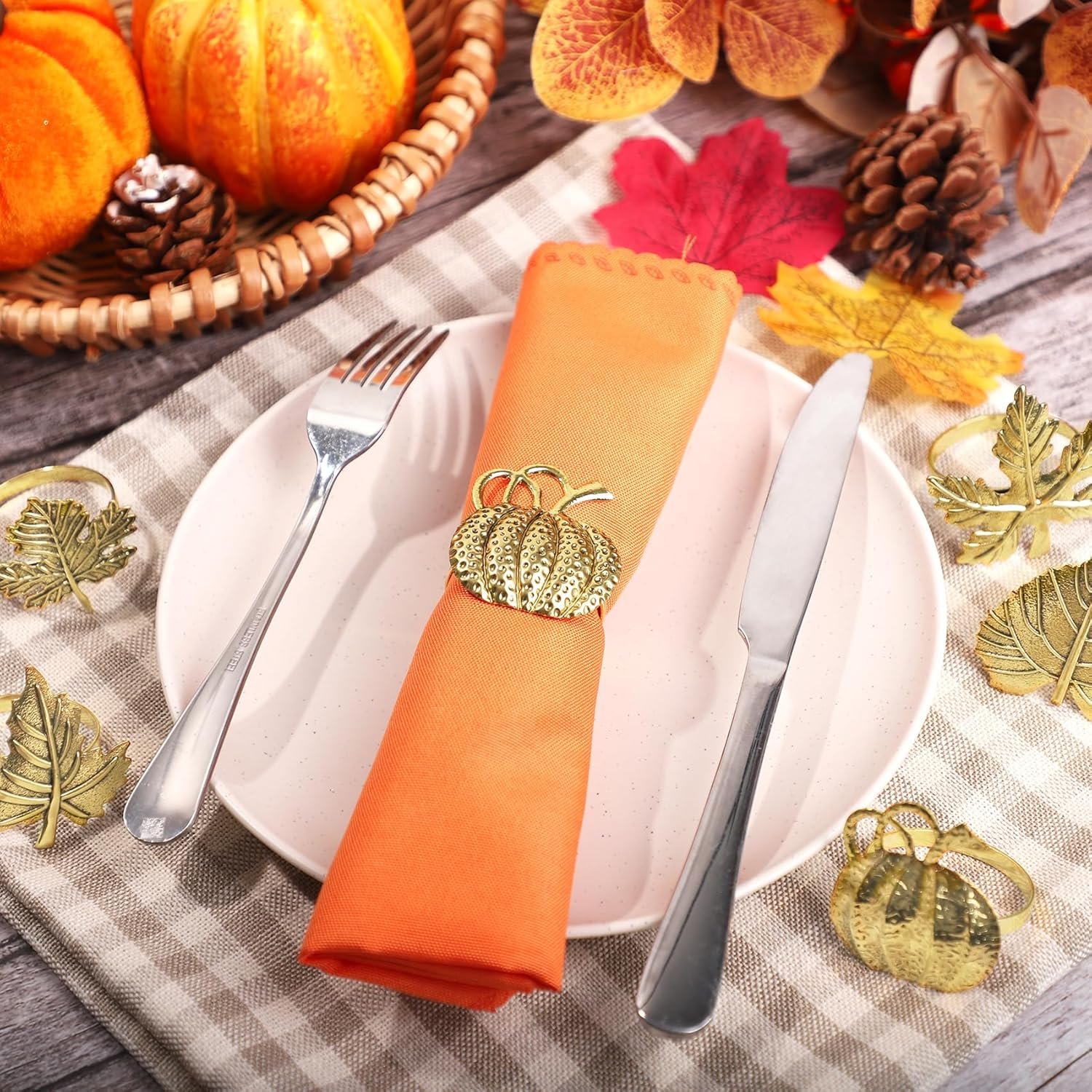 Thanksgiving Napkin Rings Set of 12 Maple Leaf Gold Fall Napkin Rings Holders Buckle Pumpkin Patterns for Thanksgiving Harvest Christmas Daily Home Party Table Decor Wedding Supplies - Image 4