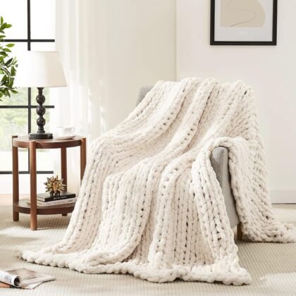 L'AGRATY Chunky Knit Blanket Throw,Soft Chenille Yarn Throw 50x60,Handmade Thick Cable Knit Crochet Blanket, Large Rope Knot Throw Blanket for Couch Home Decor