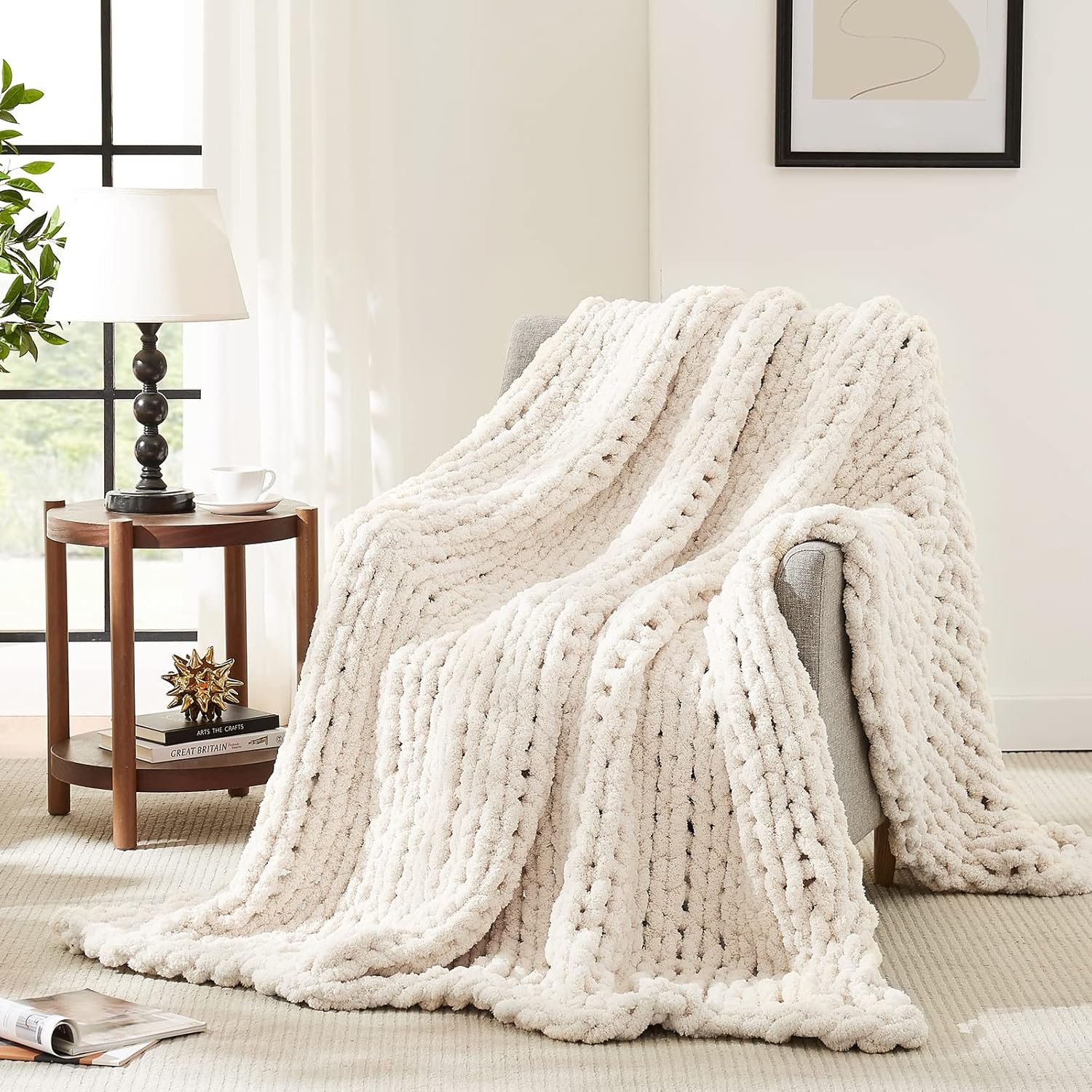 L'AGRATY Chunky Knit Blanket Throw,Soft Chenille Yarn Throw 50x60,Handmade Thick Cable Knit Crochet Blanket, Large Rope Knot Throw Blanket for Couch Home Decor