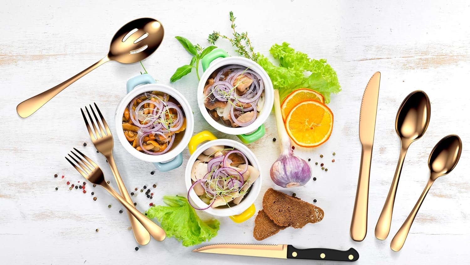 Tribal Cooking 49 Piece Gold Silverware Set - Service for 8 - Stainless Steel Gold Flatware serving set - Cutlery Set - Knives, Fork, and Spoon - Dishwasher Safe - Stunning Polished Finish - Image 2