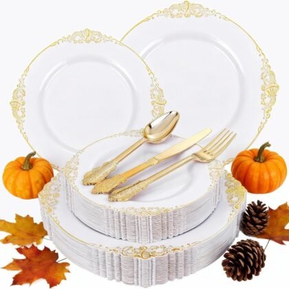 125PCS White and Gold Plastic Plates - Gold Disposable Plates with Plastic Silverware - Vintage Disposable Dinnerware Set for 25 Guests for Christmas Parties, Thanksgiving