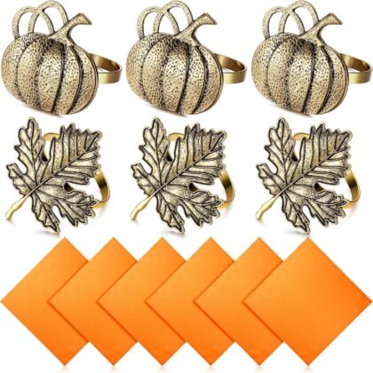 12 Pieces Thanksgiving Fall Napkin Rings Set, Include 6 Pieces Pumpkin Maple Leaf Napkin Rings with 6 Pieces Solid Color Dinner Napkins for Thanksgiving, Dinner Parties, Weddings (Retro)