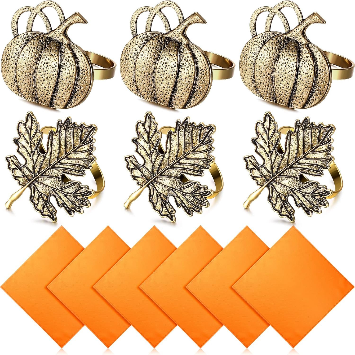 12 Pieces Thanksgiving Fall Napkin Rings Set, Include 6 Pieces Pumpkin Maple Leaf Napkin Rings with 6 Pieces Solid Color Dinner Napkins for Thanksgiving, Dinner Parties, Weddings (Retro)