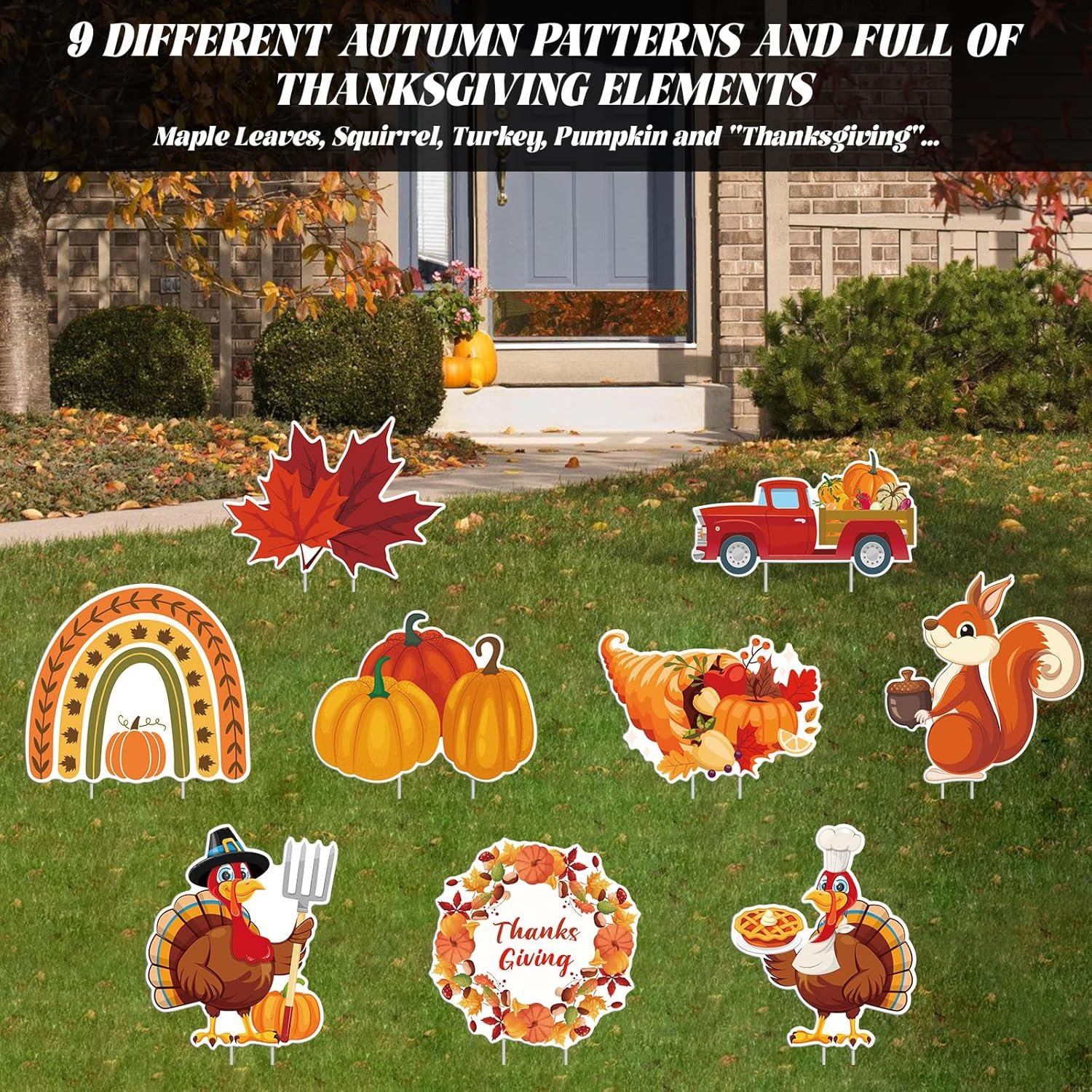 9 pcs Thanksgiving Yard Signs with Stakes, Maple Turkey Pumpkin Squirrel Lawn Signs Harvest Garden, Fall Autumn, Thanksgiving, Harvest Party Outdoor Decorations - Image 3