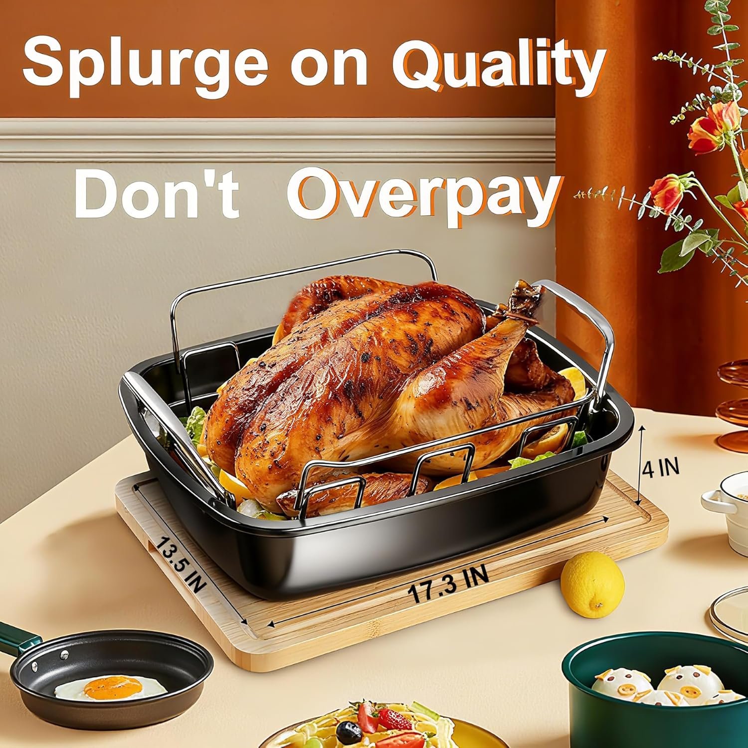 Large Nonstick Roasting Pan Kit with Rack (17x13 Inch) - Includes Baster, Pastry Brush & Twine for Turkey, Chicken, Ham - Even Heating, Easy Clean, Dark Grey (Large-17.2'' x 13.5'') - Image 4