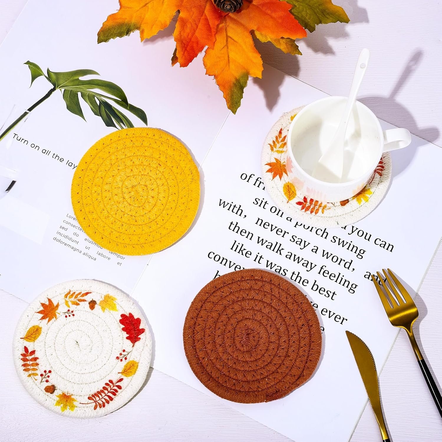 Whaline Fall Thanksgiving Coasters Maple Leaves Handmade Braided Cotton Drink Coasters Orange Yellow Non-Slip Absorbent Cup Mats for Autumn Table Protection Birthday Housewarming Gift Home Decor, 4Pcs - Image 4