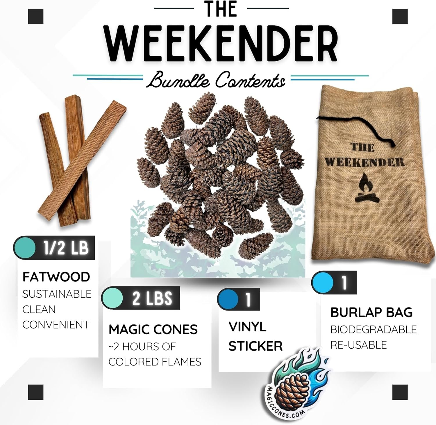 Magic Cones The Weekender Bundle-30 Color-Changing Pine Cones & Fatwood Firestarter Sticks – Perfect for Family Campfires, Bonfires, and Backyard Gatherings – USA-Made, and Fun Fire Enhancer Set (1) - Image 3