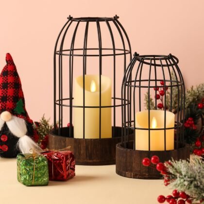 Perfnique Decorative Candle Lantern, Set of 2 Farmhouse Table Lanterns for Home Decor, Rustic Table Centerpieces for Dining Room, Fireplace Mantle Kitchen Decoration (Walnut)