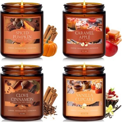 Fall Candles Set, 4 Pack Candles for Home Scented Natural Soy Wax, Autumn Gifts Set for Women Men, Fall Fragrance of Pumpkin/Cinnamon/Vanilla Cupcake/Apple