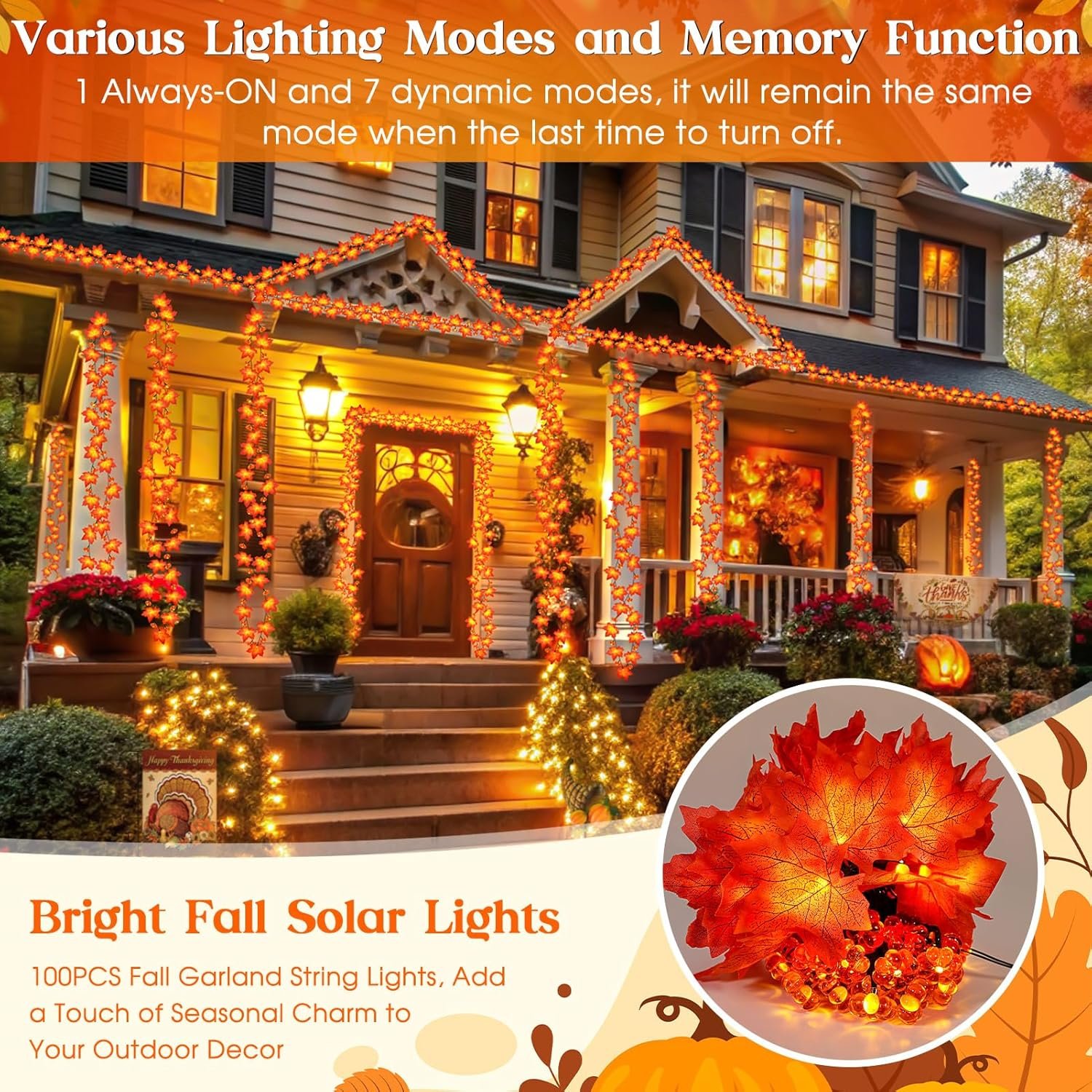 Fall Solar Lights Outdoor Decorative, 39FT Solar Fall Leaves Garland String Lights with 100 LEDs and 8 Modes for Porch, Yard, Front Door, Patio, Outside,Thanksgiving Harvest Autumn Decorations - Image 4