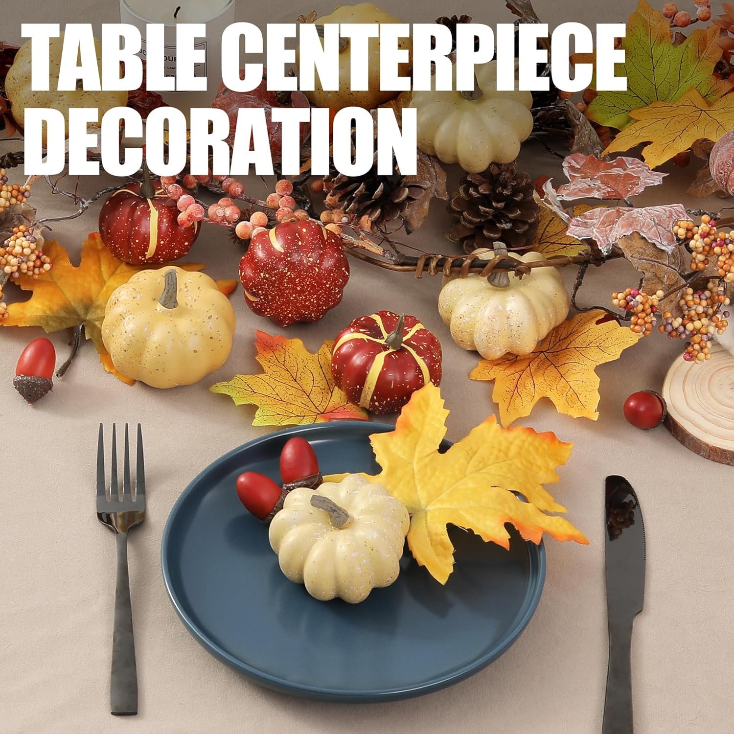 Artgar Pumpkin Decor Set, 23 PCS Fall Harvest Decorations Including Mini Pumpkins, Acorns, Pinecones, Berries, Maple Leaves for Home Table Wedding DIY Fall Halloween Thanksgiving Decor - Image 5