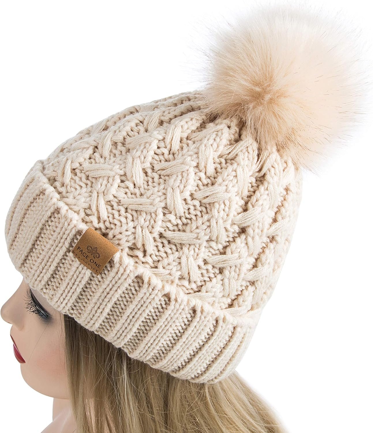 PAGE ONE Womens Winter Ribbed Beanie Crossed Cap Chunky Cable Knit Pompom Soft Warm Hat - Image 3