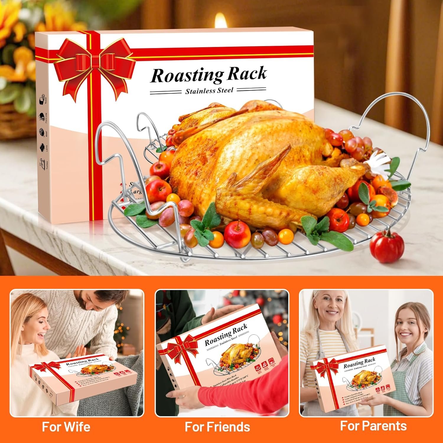 16.5inch Oval Roasting Rack for Oven, Thanksgiving Christmas Gifts for Mom Men Wife Cooking Home Chefs, Stainless Steel Cooling Rack with Handle, Wire Rack for Cooking, Grilling, Drying - Image 3