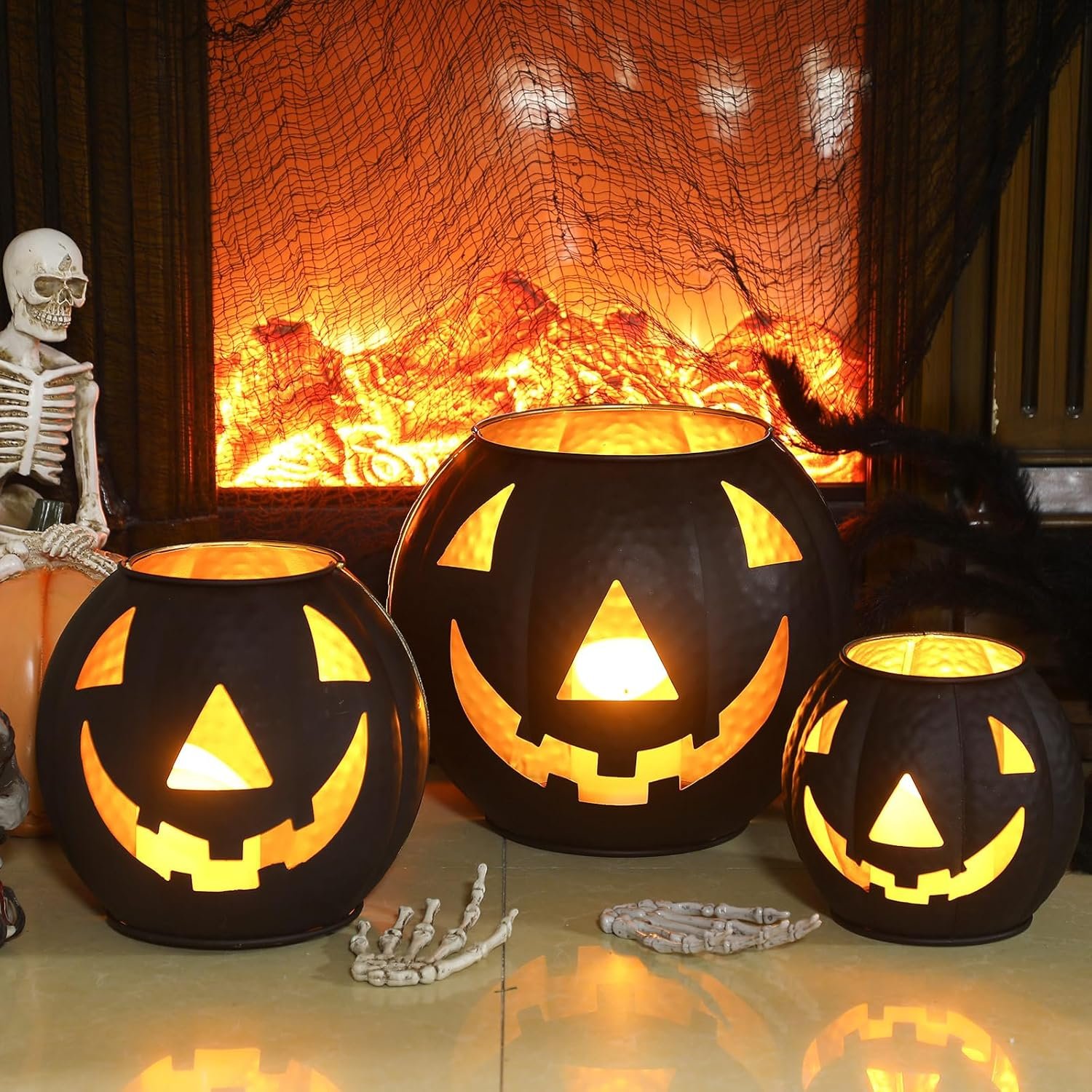 3 Pcs Halloween Metal Jack O Lanterns Pumpkin Set with LED Candles and Black Creepy Cloth Set of 3 Jack O Lantern Halloween Fall Outside or Inside Table Ornaments for Home Festival Party Decor - Image 4
