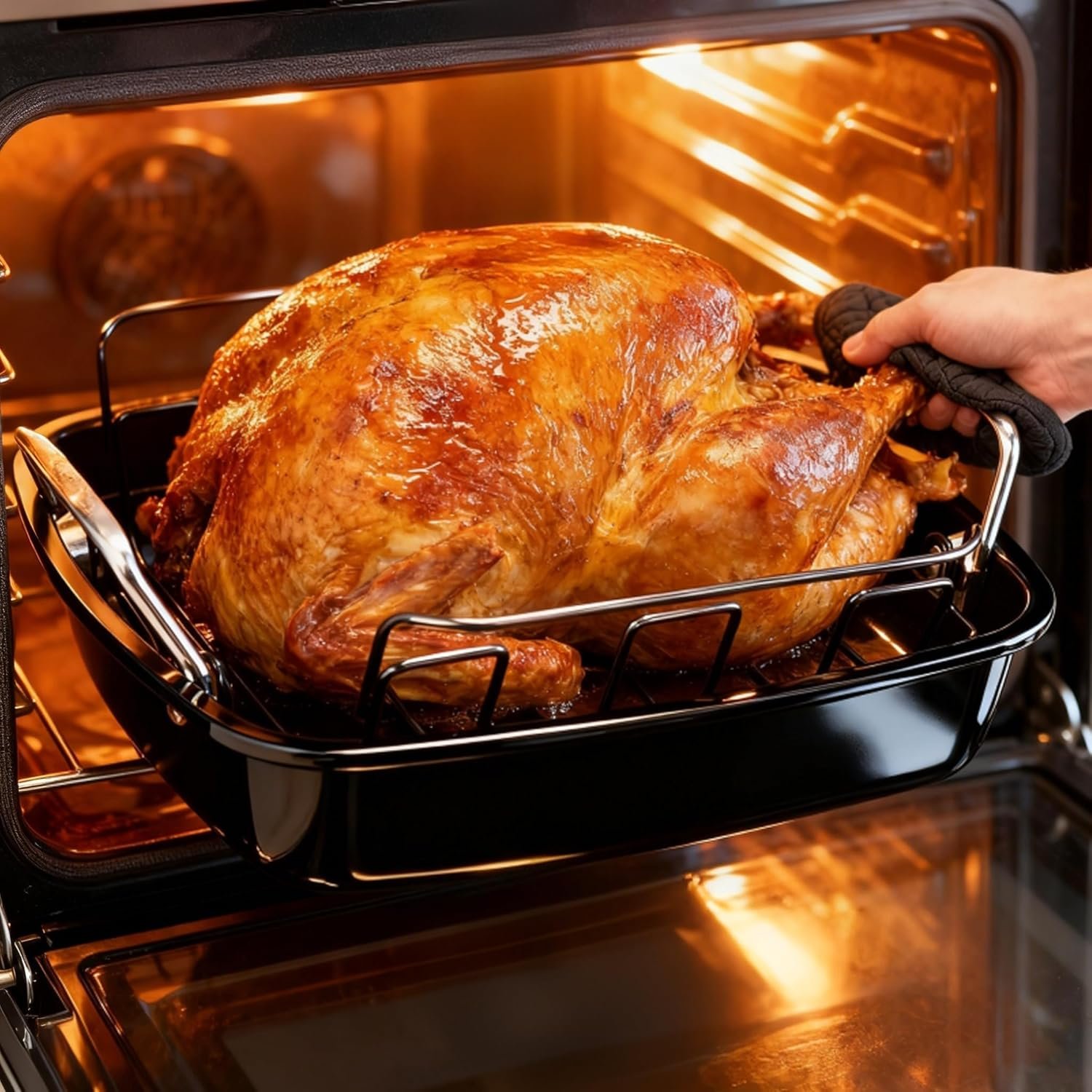 Large Nonstick Roasting Pan Kit with Rack (17x13 Inch) - Includes Baster, Pastry Brush & Twine for Turkey, Chicken, Ham - Even Heating, Easy Clean, Dark Grey (Large-17.2'' x 13.5'') - Image 8