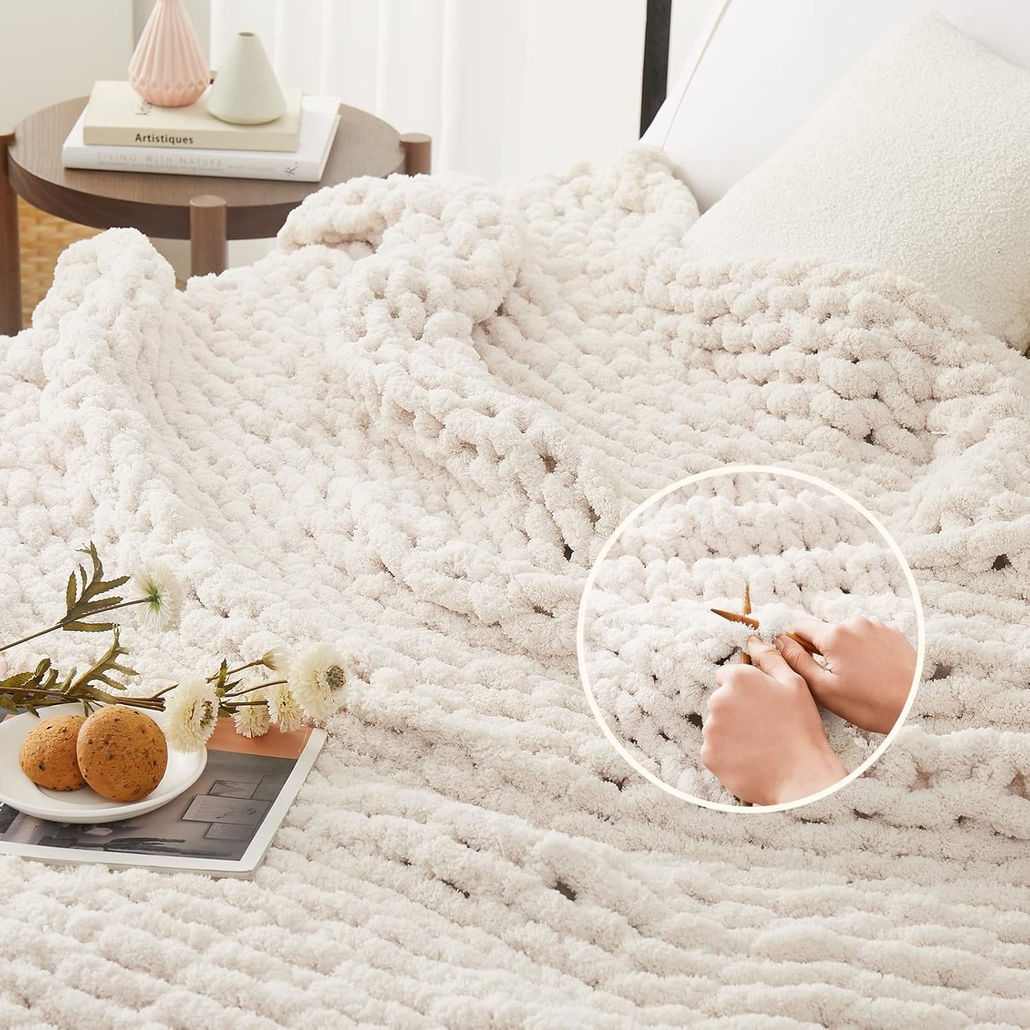L'AGRATY Chunky Knit Blanket Throw,Soft Chenille Yarn Throw 50x60,Handmade Thick Cable Knit Crochet Blanket, Large Rope Knot Throw Blanket for Couch Home Decor - Image 3
