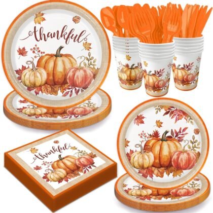 Autumn Harvest Thanksgiving Party Supplies Set - Complete Disposable Dinnerware Set for Thanksgiving Fall Party, Serves 24 Guests - Includes Plates, Cups, Napkins, and Cutlery