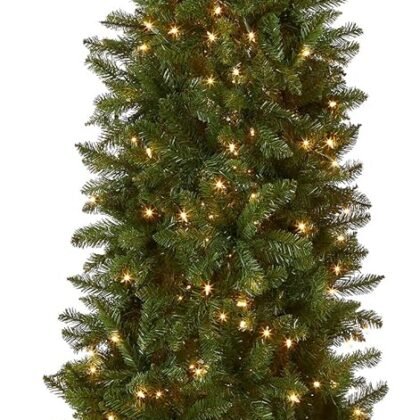 National Tree Company 7.5 ft Pre-Lit Kingswood Fir Slim Artificial Christmas Tree, 350 Clear Lights, 1,075 Tips, Includes Stand, Green