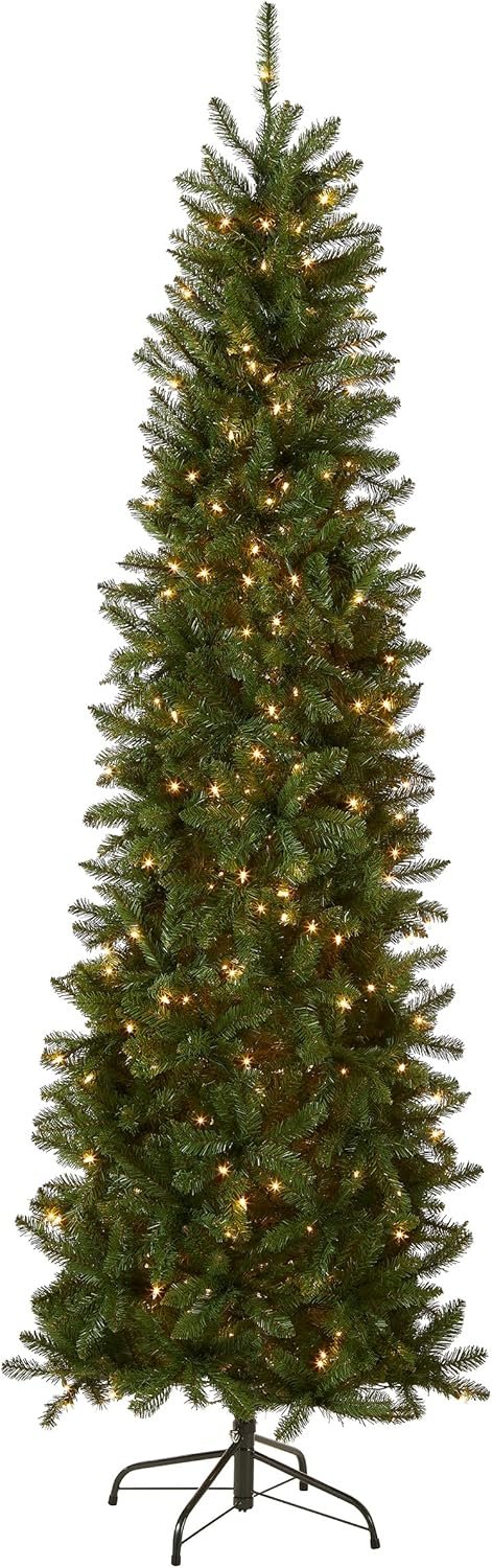 National Tree Company 7.5 ft Pre-Lit Kingswood Fir Slim Artificial Christmas Tree, 350 Clear Lights, 1,075 Tips, Includes Stand, Green