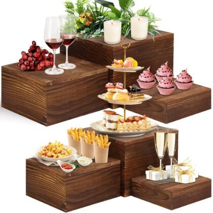 6 Pack Wooden Risers Display Stands Rustic Wood Cake & Cupcake Stands for Party Square Food Risers for Buffet Wooden Crates for Display Home Decor