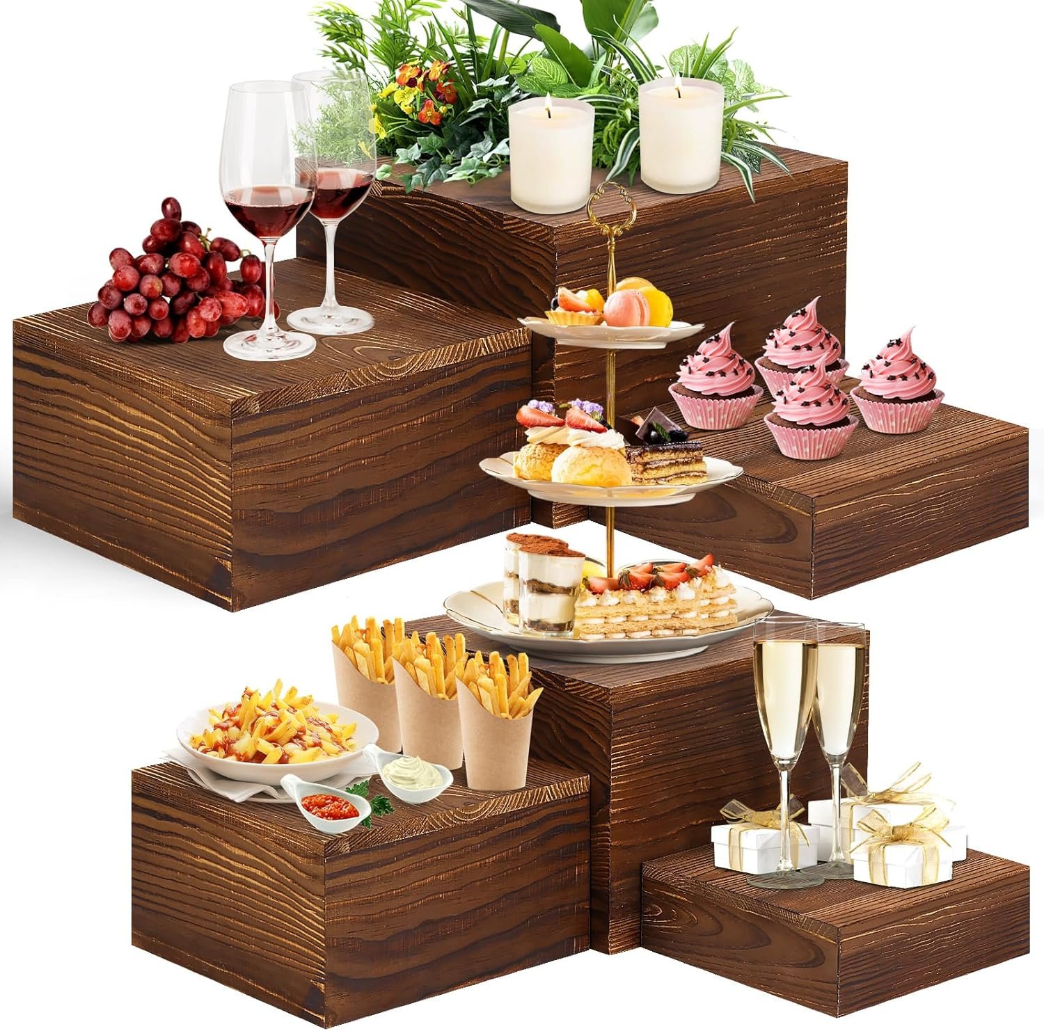 6 Pack Wooden Risers Display Stands Rustic Wood Cake & Cupcake Stands for Party Square Food Risers for Buffet Wooden Crates for Display Home Decor